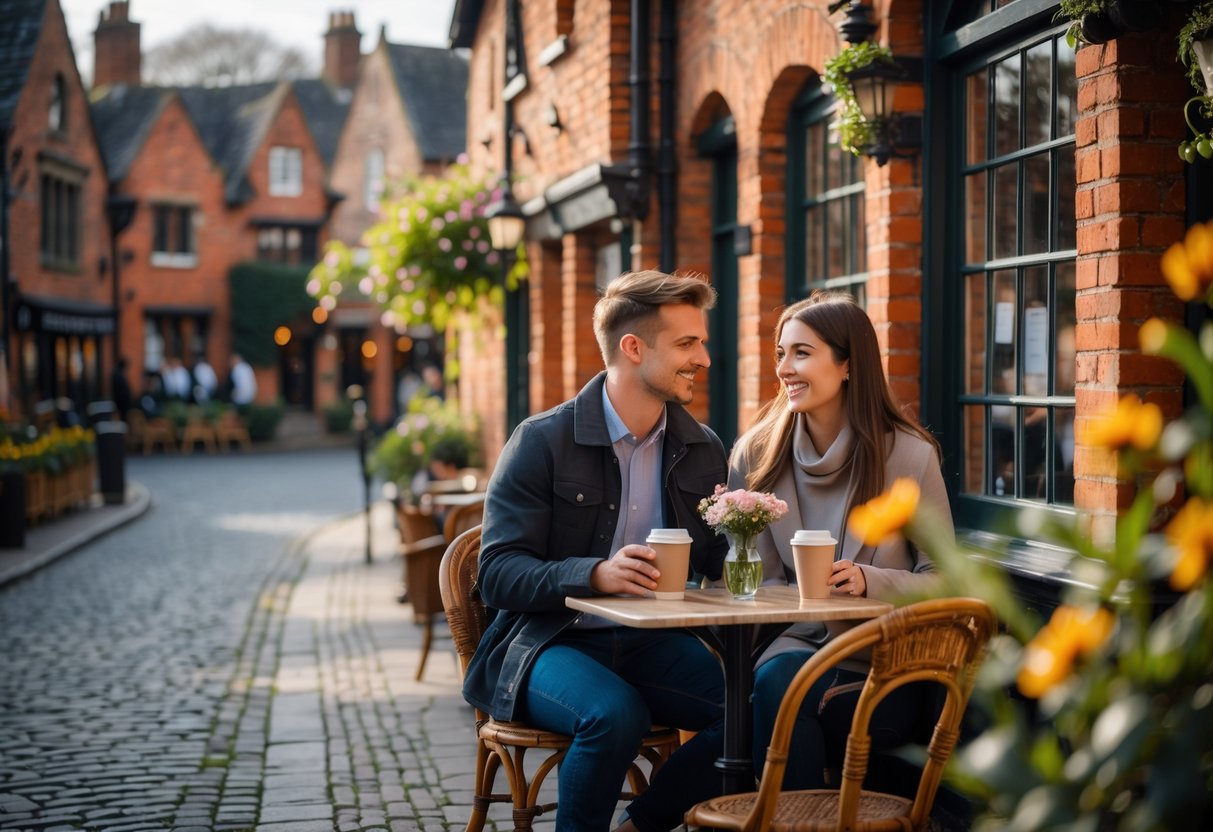 A young couple sitting at an outdoor cafe table near historic buildings, enjoying a date in a charming town setting.