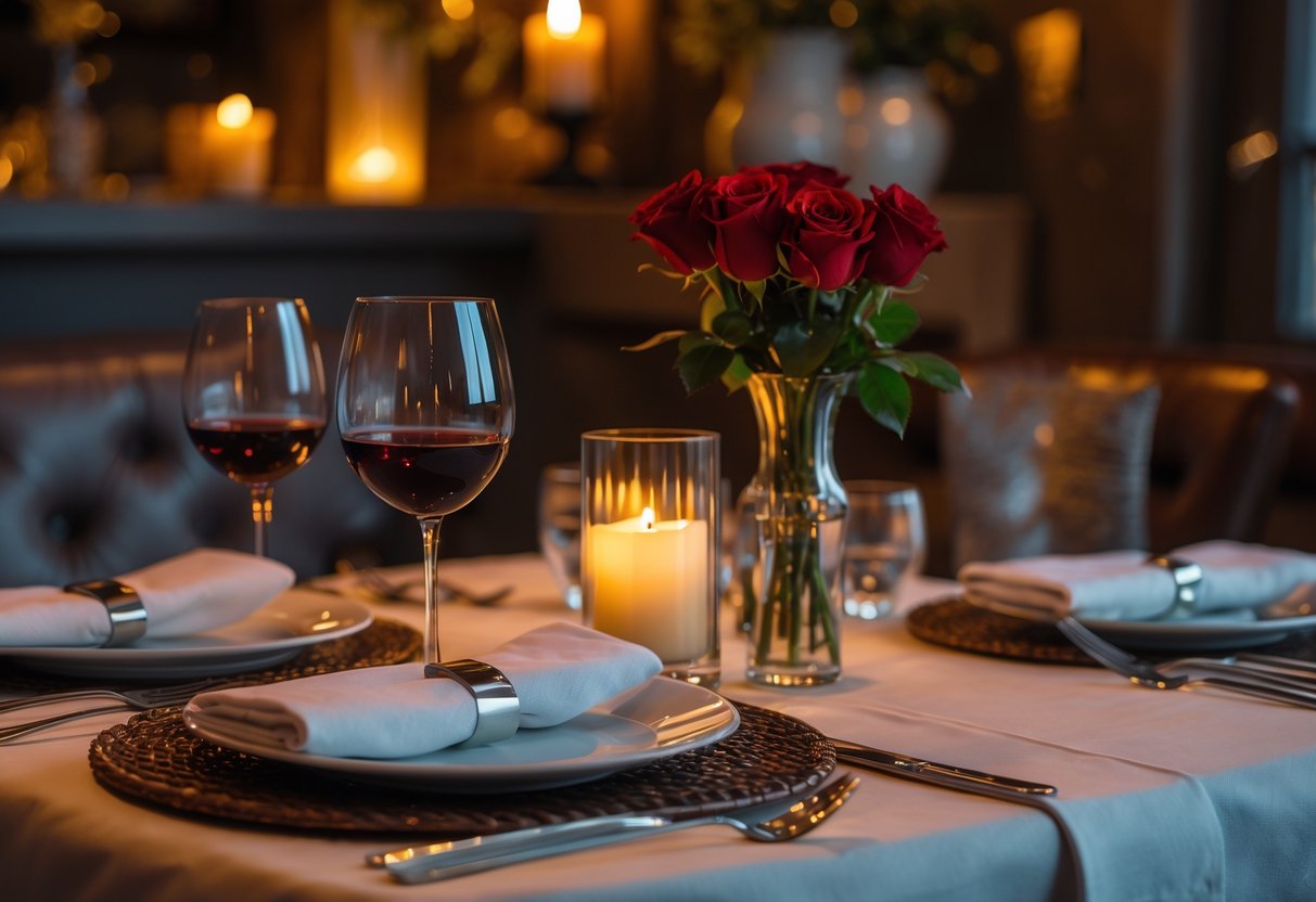 A cozy table set for two with candles, wine glasses, and red roses in a warmly lit restaurant.