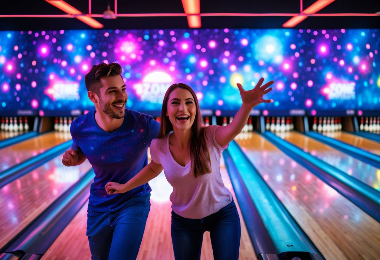 A young couple bowling under colorful neon lights in a cosmic-themed bowling alley, enjoying a fun date night.