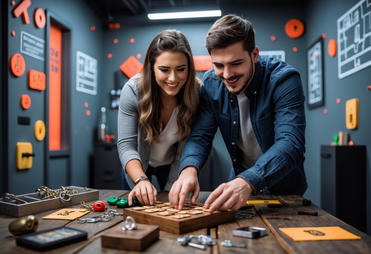 A young couple working together to solve puzzles in an escape room filled with locks and clues.