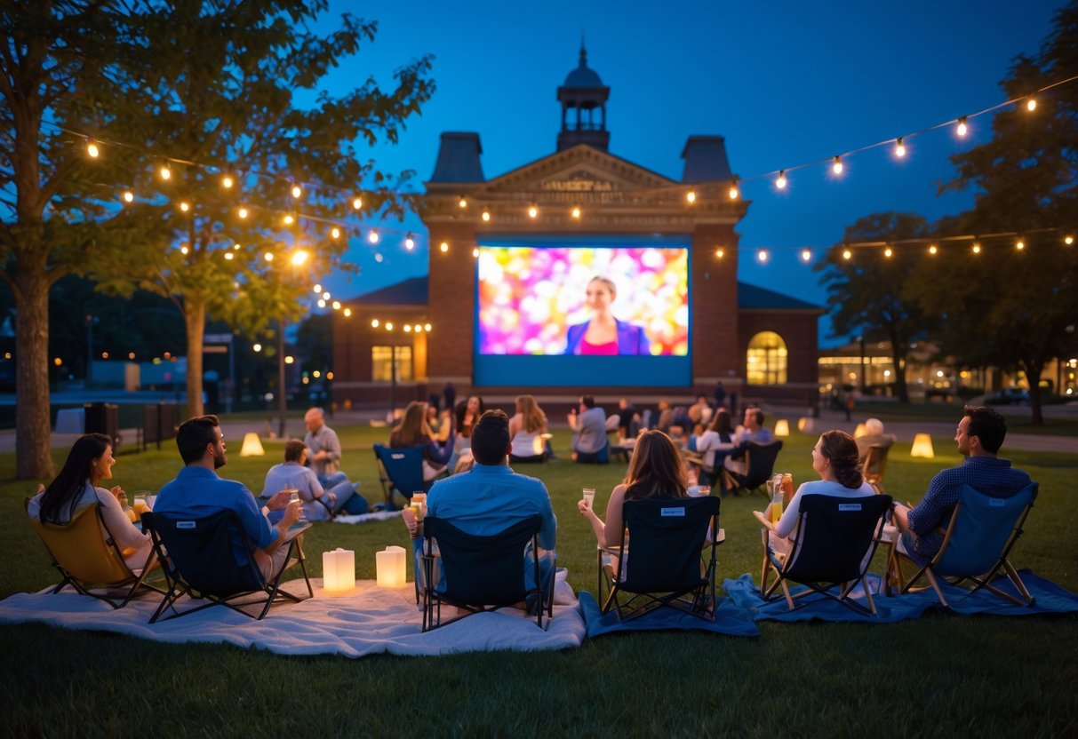 Couples and groups enjoying an outdoor movie night at Heritage Station with a large screen, blankets, and soft lighting in the evening.