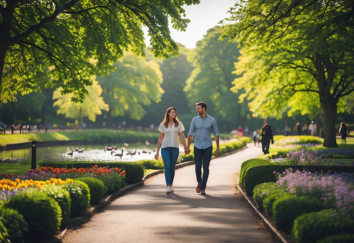 A couple walking hand in hand along a tree-lined path in a green park with a pond in the background.