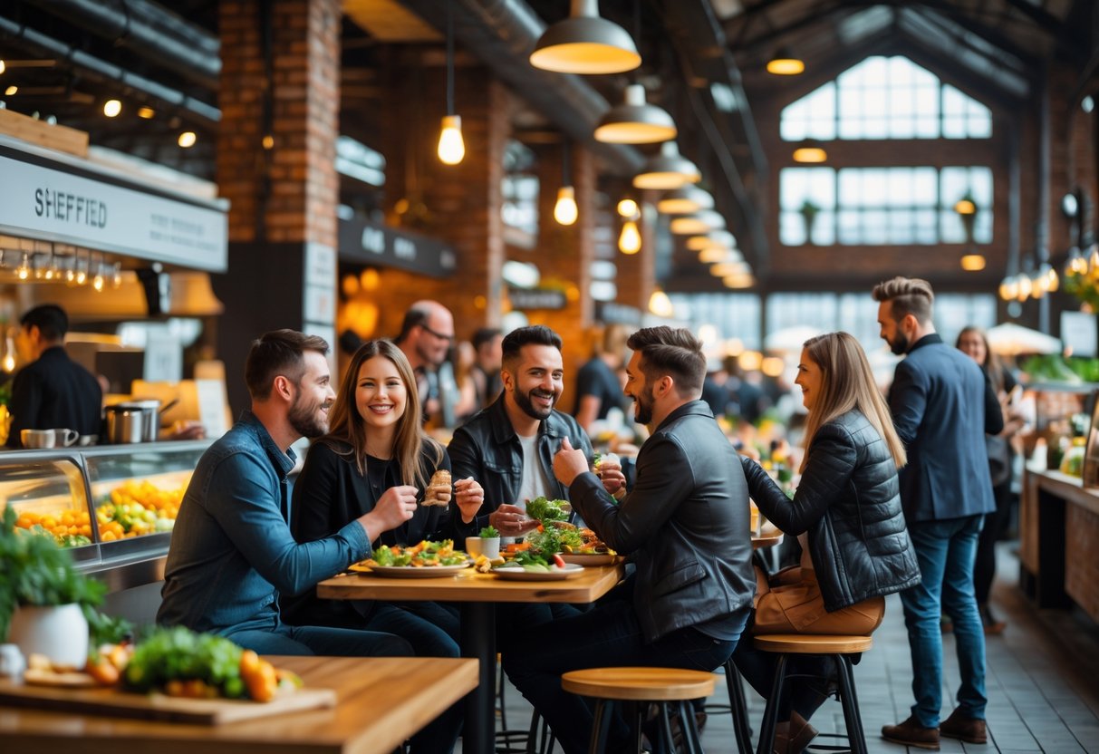 Couples and groups enjoying food and drinks inside a busy modern food hall with warm lighting and wooden tables.