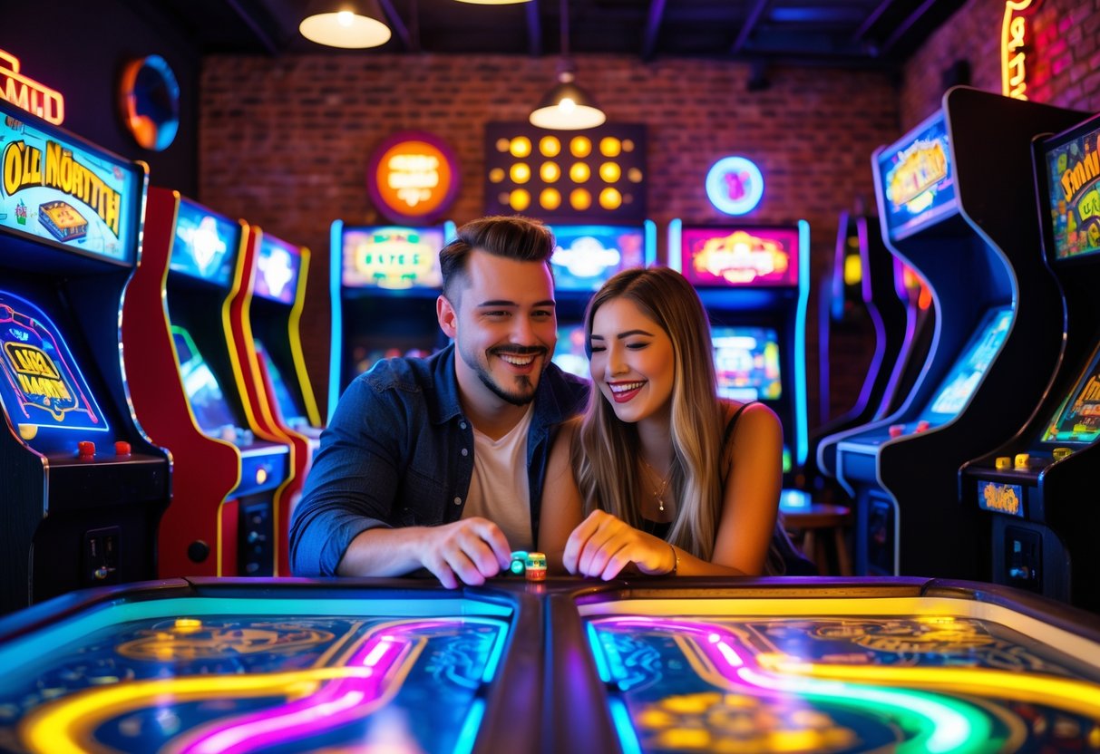 A young couple playing arcade games together inside a lively bar with colorful lights and vintage game machines.