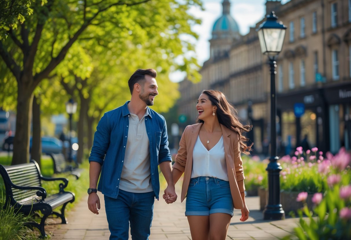 A couple walking hand in hand outdoors in a city park, smiling and enjoying their time together.
