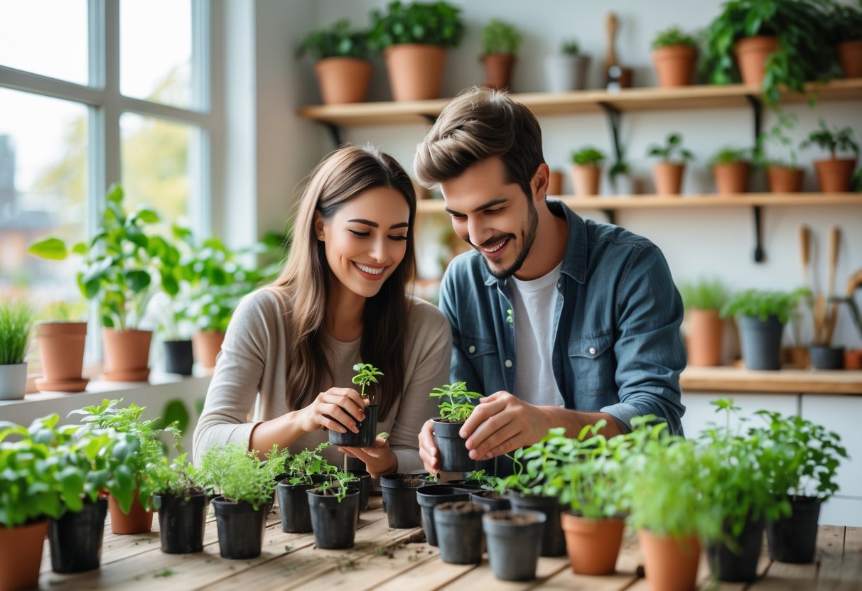 A young couple planting small green plants together indoors near a sunlit window.