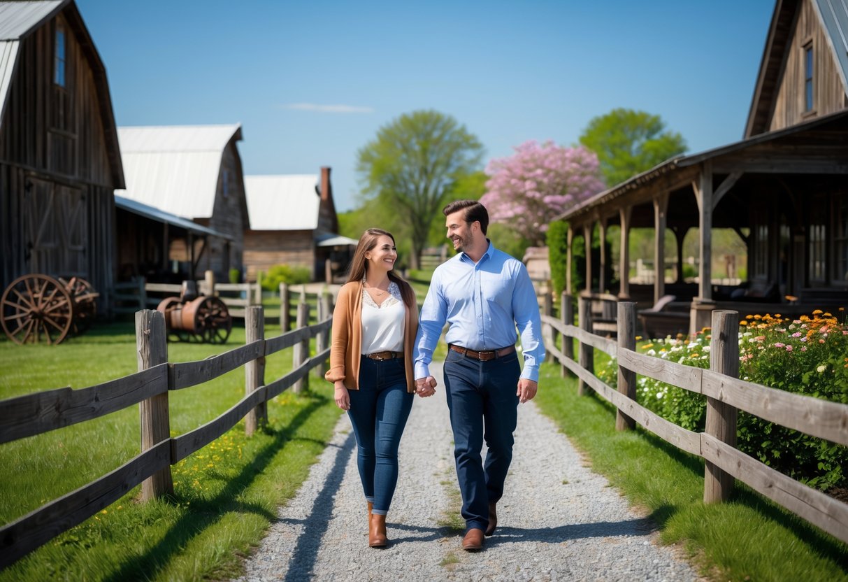 A couple walking hand-in-hand along a path at a historic farm museum surrounded by rustic buildings and greenery.