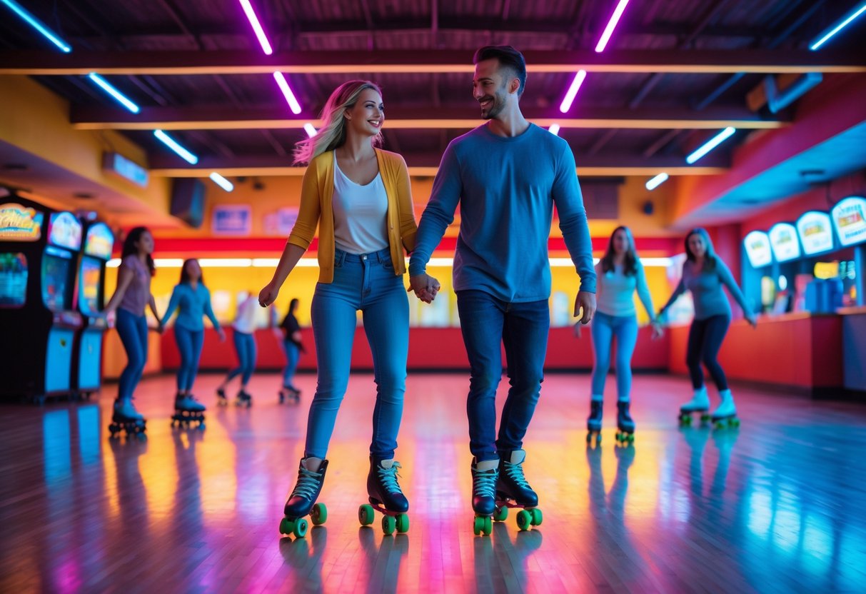 A couple roller skating together inside a brightly lit roller rink, smiling and holding hands.