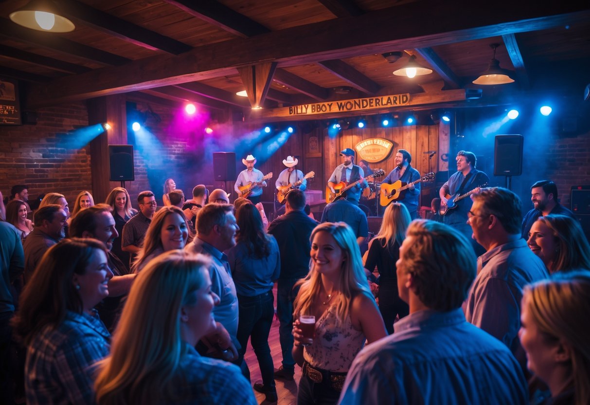 Couples and friends enjoying live music at an indoor venue with a band playing on stage and people dancing and socializing.