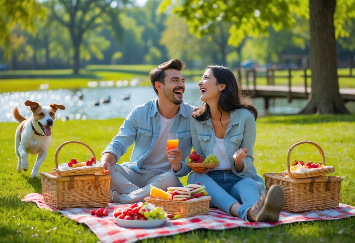 A young couple having a picnic in a green park with a dog playing nearby and a pond in the background.