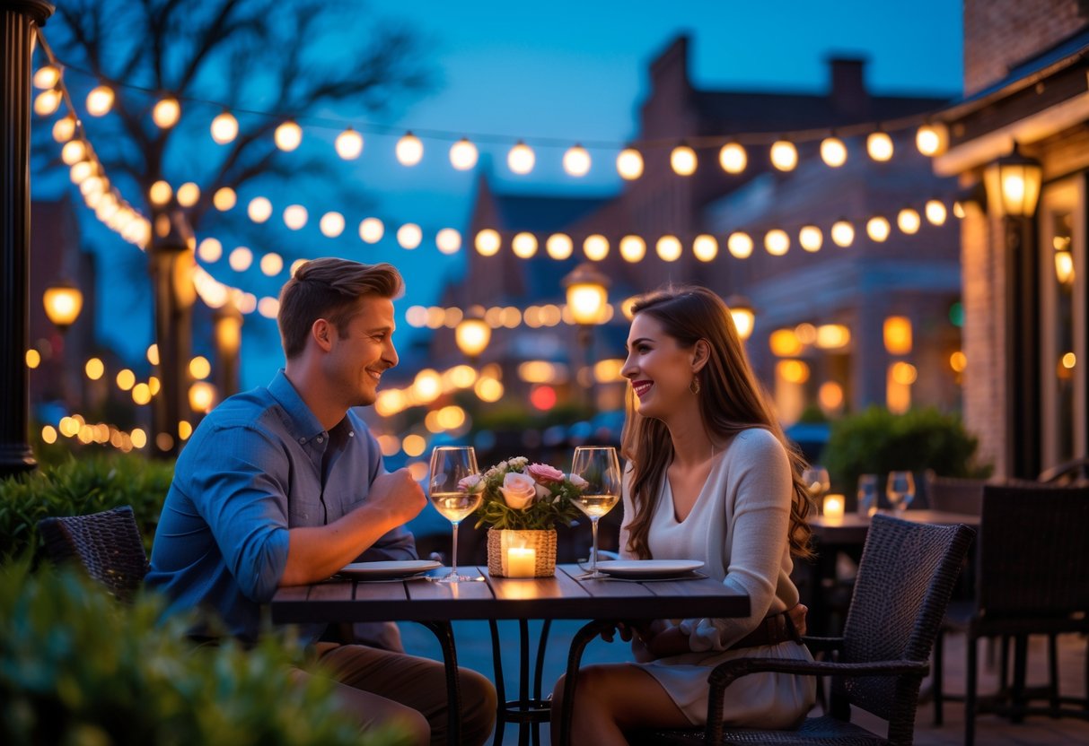 A young couple enjoying a candlelit dinner at an outdoor restaurant patio in Huntington, West Virginia, with city buildings and string lights in the background.