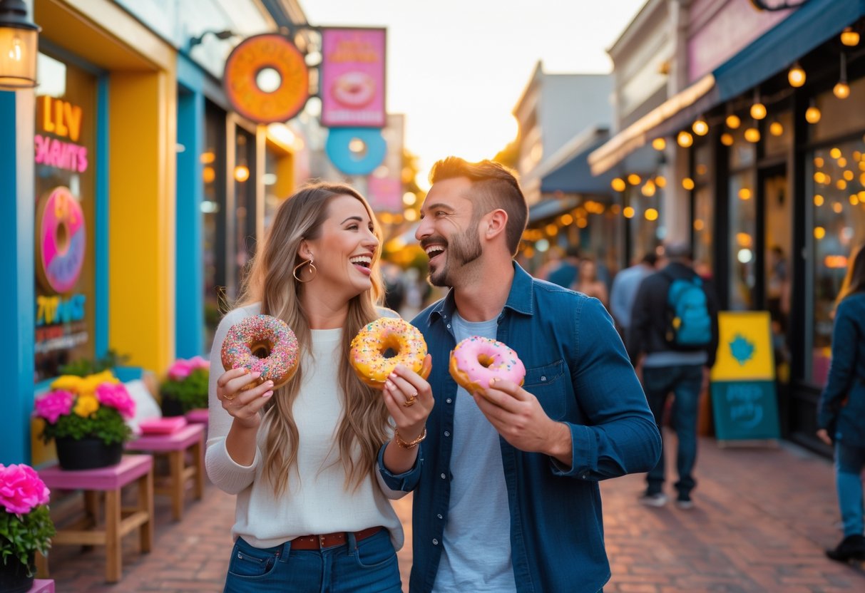 A happy couple enjoying donuts together while walking along a lively city street with colorful shops and outdoor seating.
