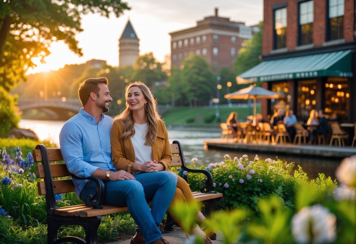 A happy couple sitting on a bench near a river in a park, enjoying a sunny day together.