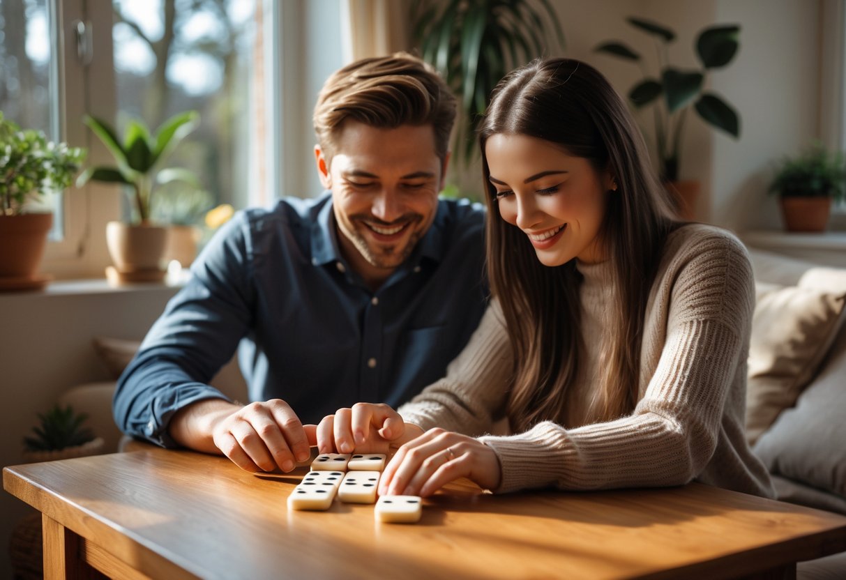 A couple playing dominoes together at a wooden table, smiling and enjoying their time.