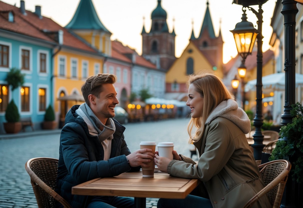 A young couple sitting at an outdoor café in Riga's Old Town, smiling and enjoying coffee with historic buildings in the background.