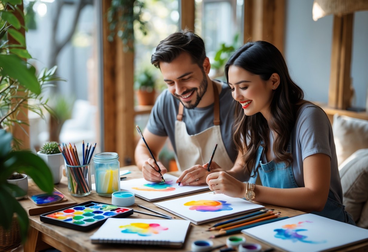A couple sitting at a table drawing and painting together with art supplies around them in a cozy room.