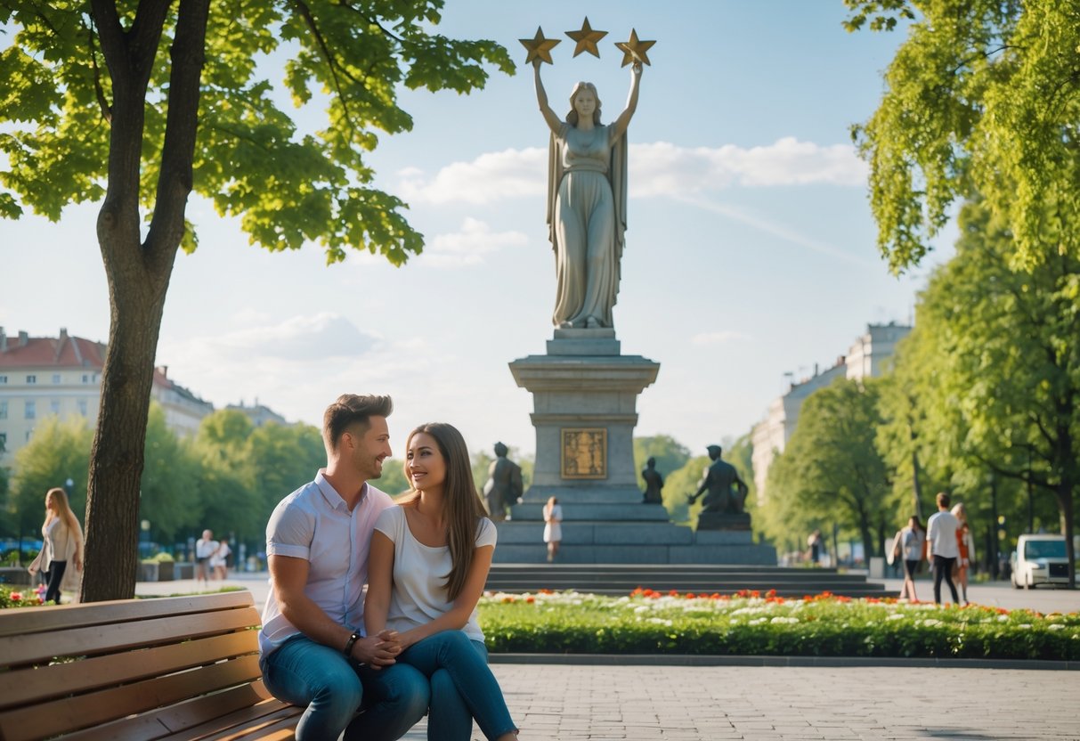 A young couple enjoying a sunny day near the Freedom Monument in Riga, surrounded by trees and flowers.