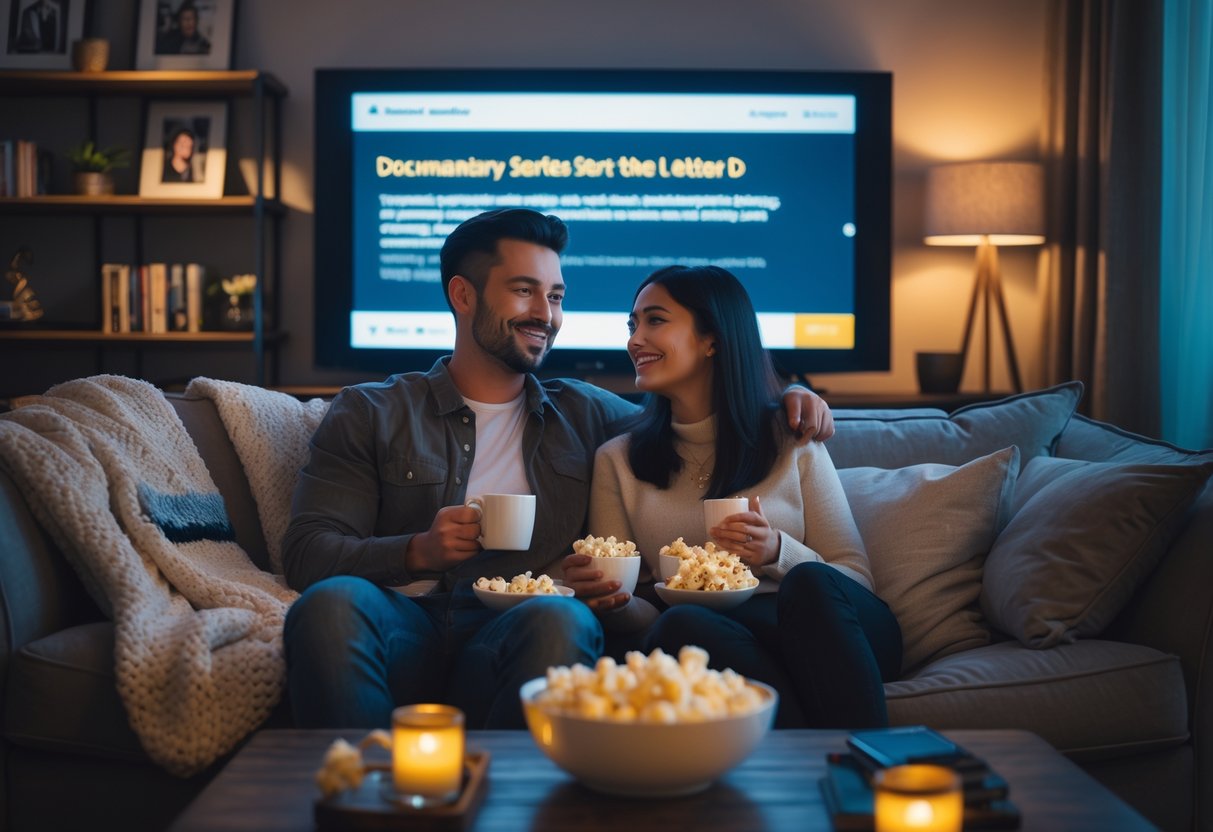 A couple sitting on a sofa in a cozy living room, enjoying a documentary marathon with popcorn and hot drinks on the coffee table.