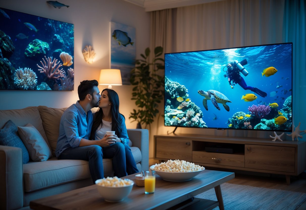A couple sitting on a sofa watching a deep sea documentary on a large TV in a cozy living room.