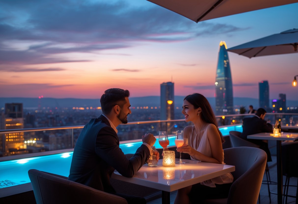 A couple enjoying drinks together at a rooftop bar with city buildings and a sunset sky in the background.