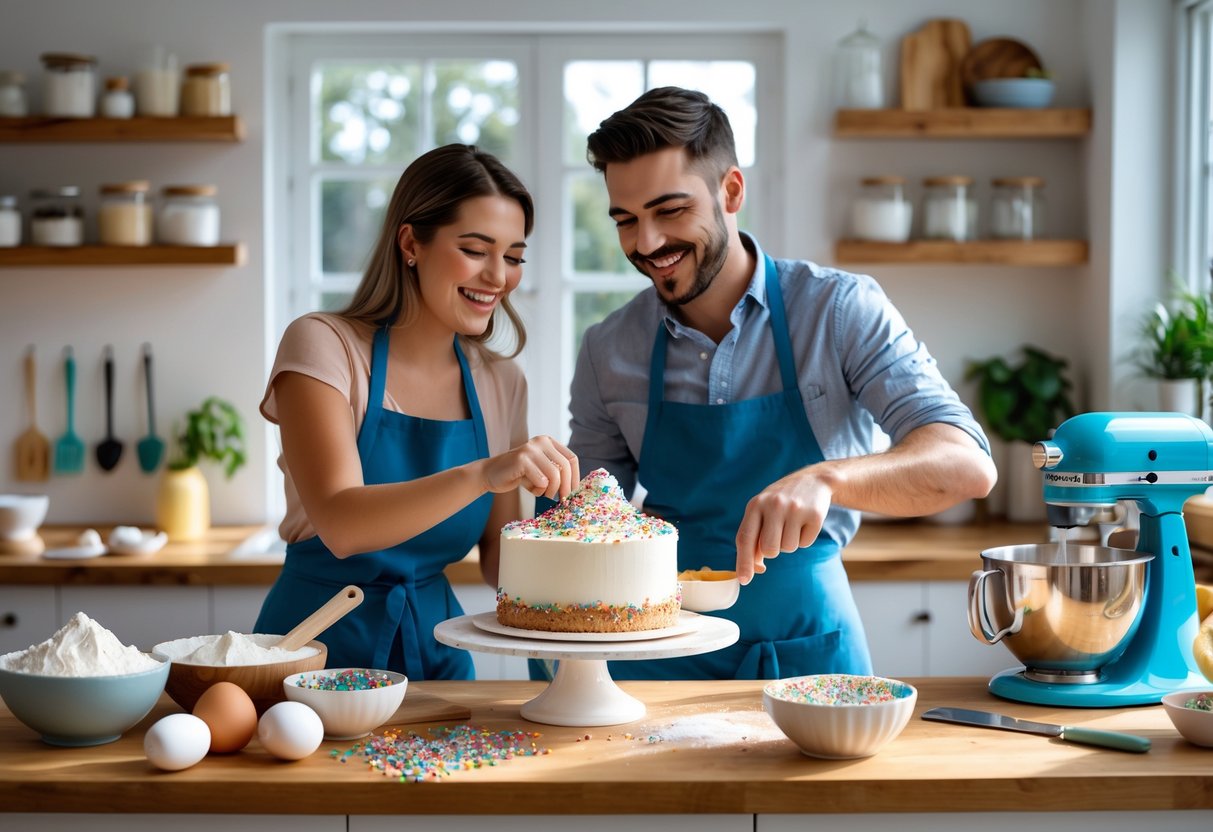 A couple baking and decorating a cake together in a bright kitchen surrounded by baking ingredients and tools.