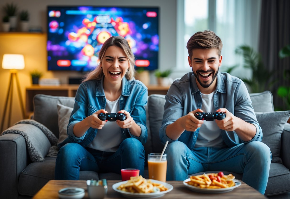 A young couple sitting on a couch playing video games together, smiling and enjoying their time.