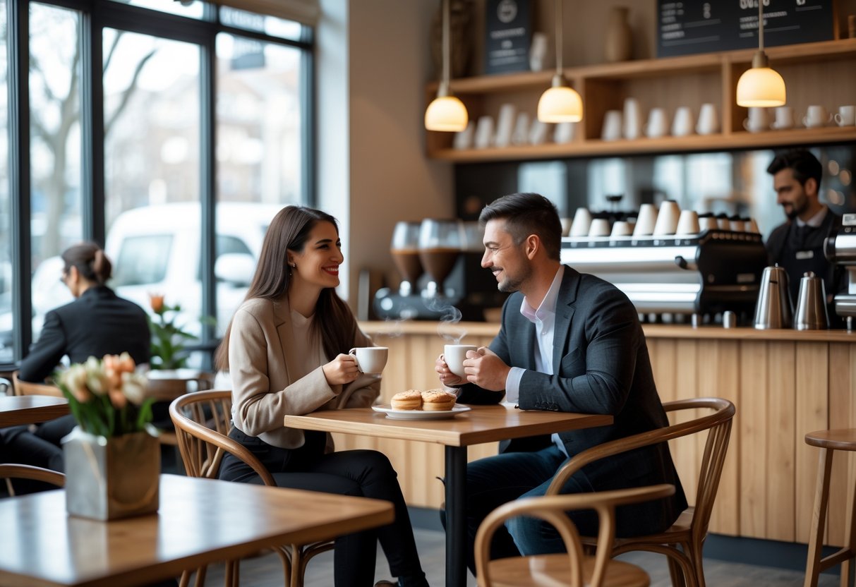 A young couple enjoying coffee together at a cozy coffee shop table in Riga.