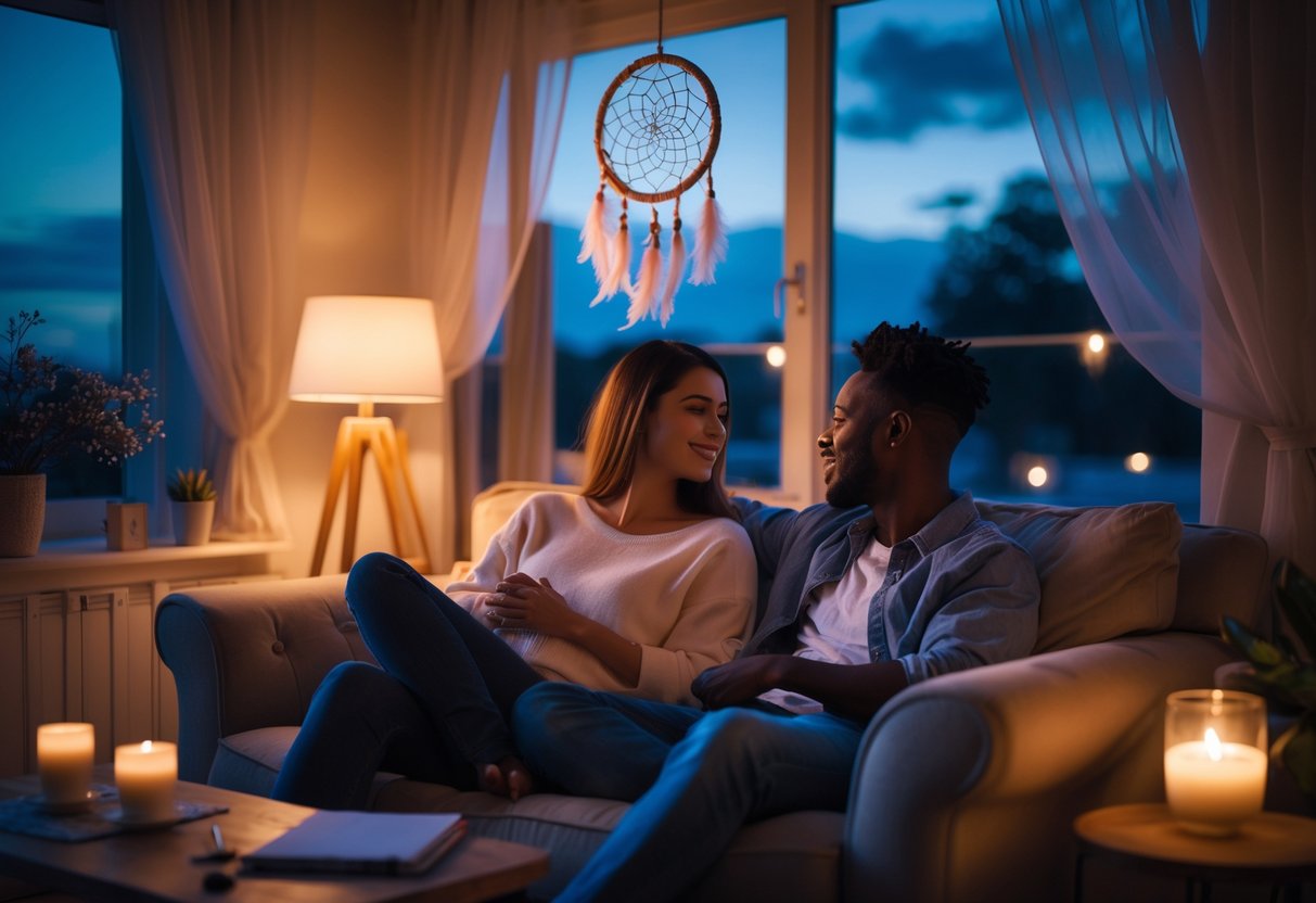A couple sitting on a sofa in a cozy living room at twilight, talking and surrounded by soft lighting and dreamcatcher decorations.