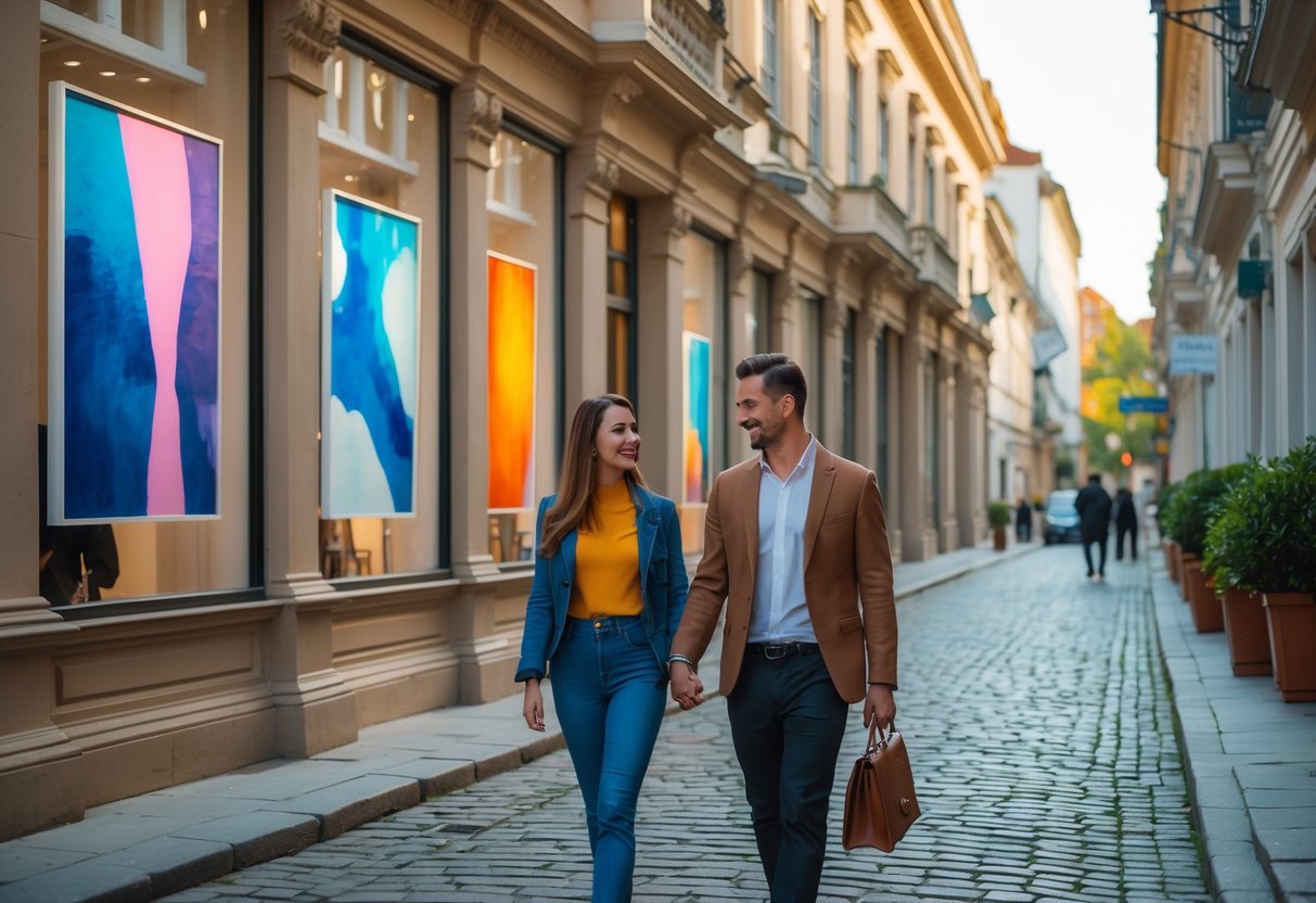 A young couple walking hand in hand along a cobblestone street lined with art galleries in a historic district.