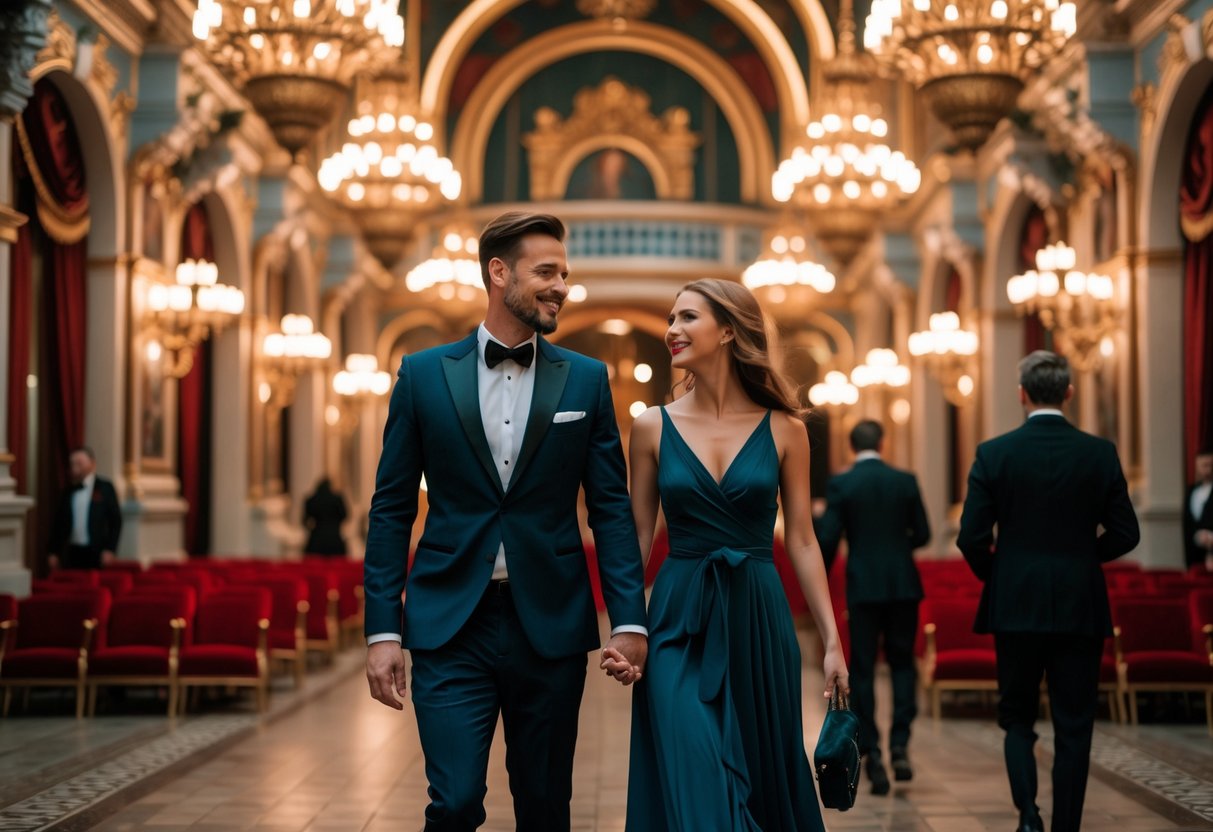 A couple dressed in evening clothes entering the grand lobby of the Latvian National Opera, smiling and holding hands before a live performance.