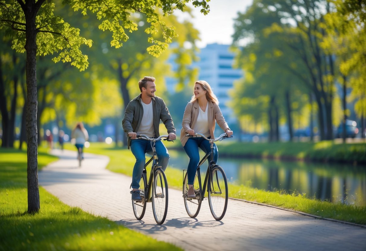 A young couple cycling together along a path in a green park with trees and a lake in the background.