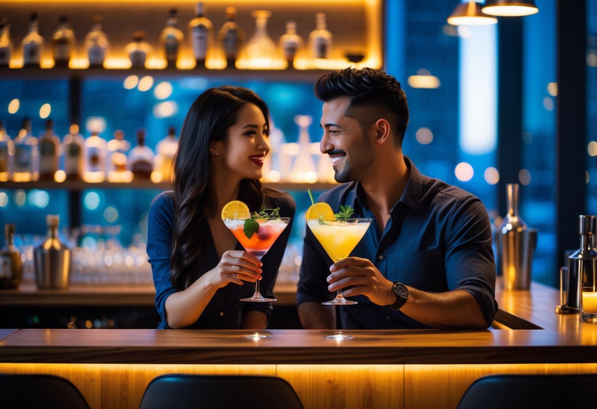 A couple enjoying cocktails together at a modern minibar in a cozy urban bar.