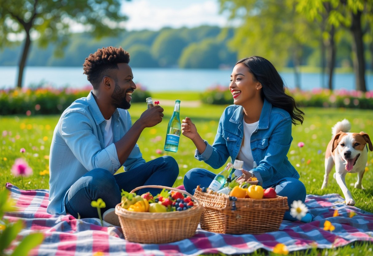 A couple enjoying a picnic in a sunny park with a dog playing nearby.