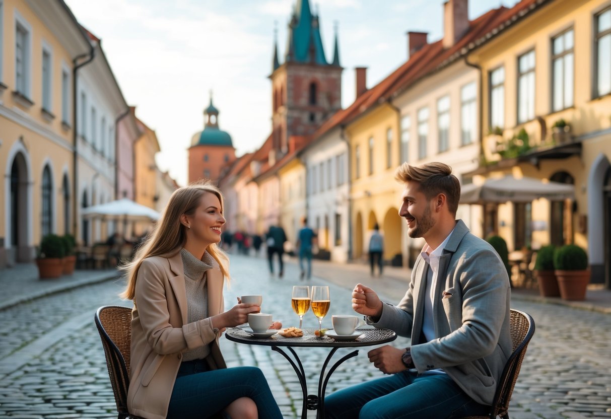 A young couple enjoying coffee together at an outdoor café with historic buildings in the background in Riga.