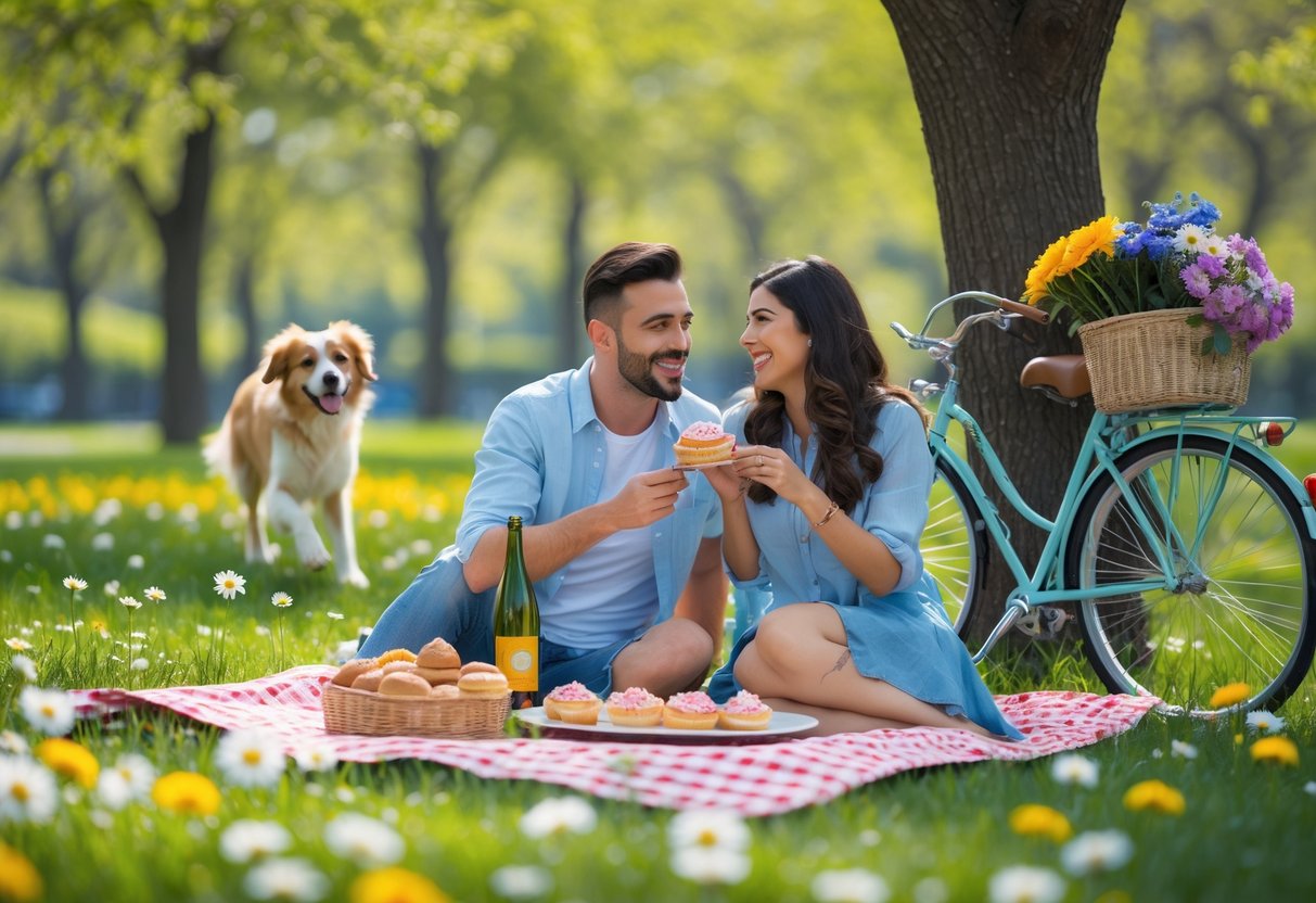 A couple enjoying a picnic in a sunny park with flowers, a vintage bicycle, and a playful dog nearby.
