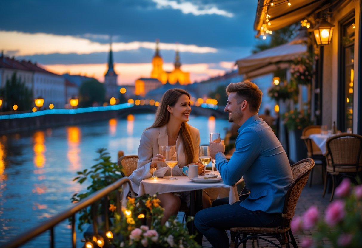 A young couple enjoying a romantic evening date at an outdoor café by the river in Riga, with illuminated city buildings and calm water in the background.