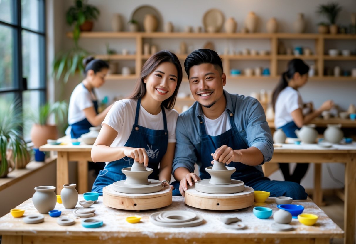 A young couple happily making pottery together at a workshop table filled with clay and tools.