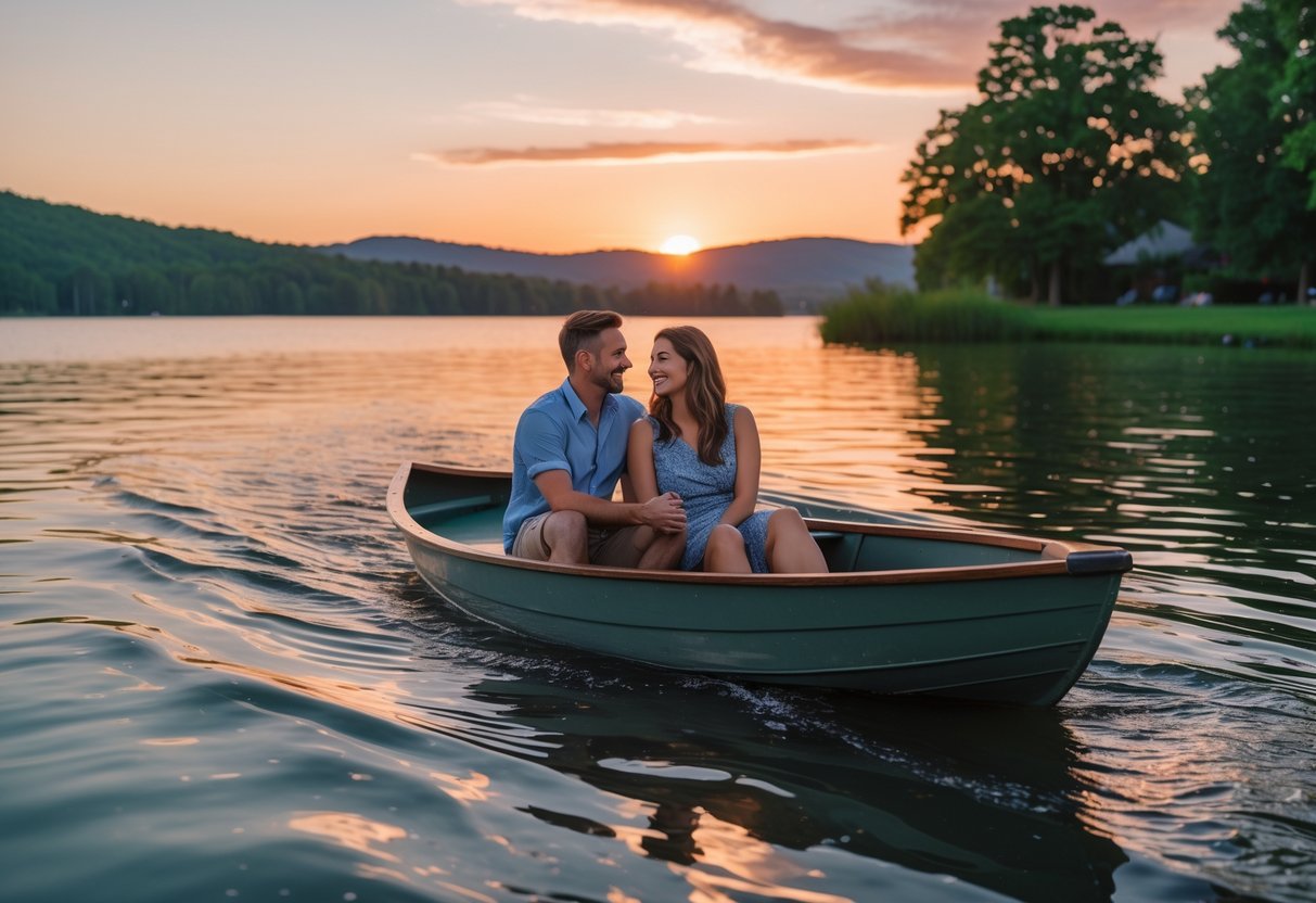 A couple enjoying a paddleboat ride on a calm lake at sunset with trees and hills in the background.