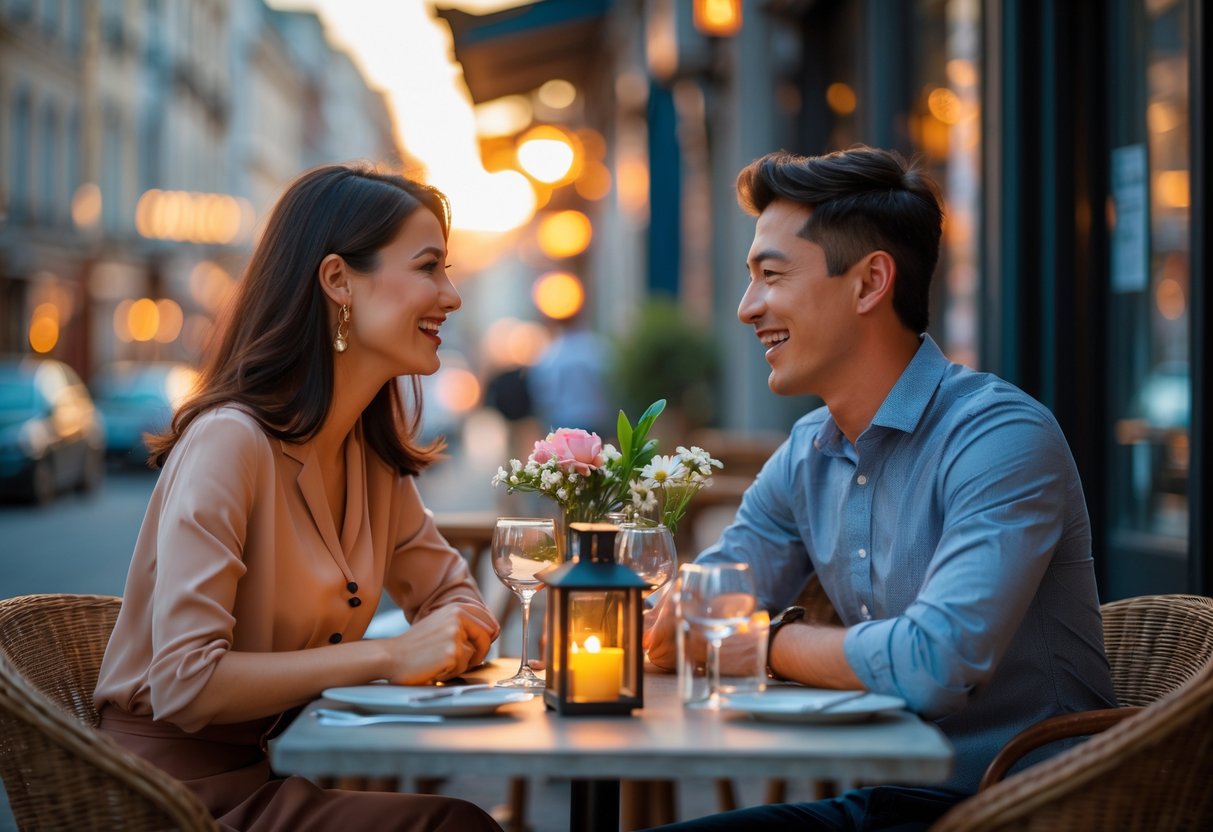 A young couple smiling and talking at an outdoor cafe table during sunset.