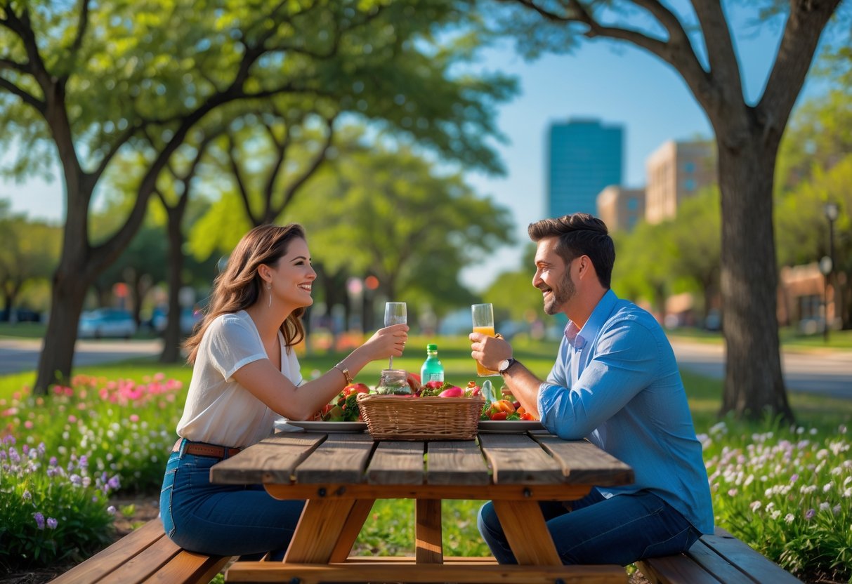 A young couple sitting at a picnic table in a park in Katy, Texas, enjoying a meal together on a sunny day.