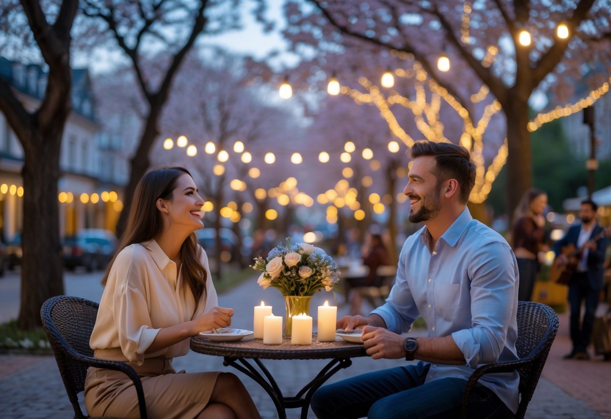 A couple smiling and talking at a small outdoor table in a park with flowers and lights during early evening.
