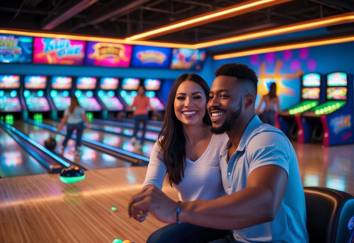 A young couple smiling and bowling inside a lively arcade and bowling center with colorful arcade machines and glowing lights around them.