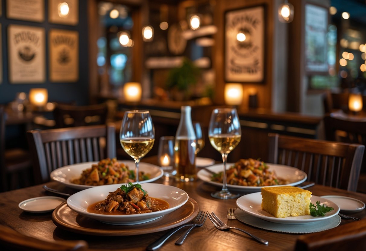 A cozy dinner table set for two with Louisiana dishes in a warmly lit restaurant interior.