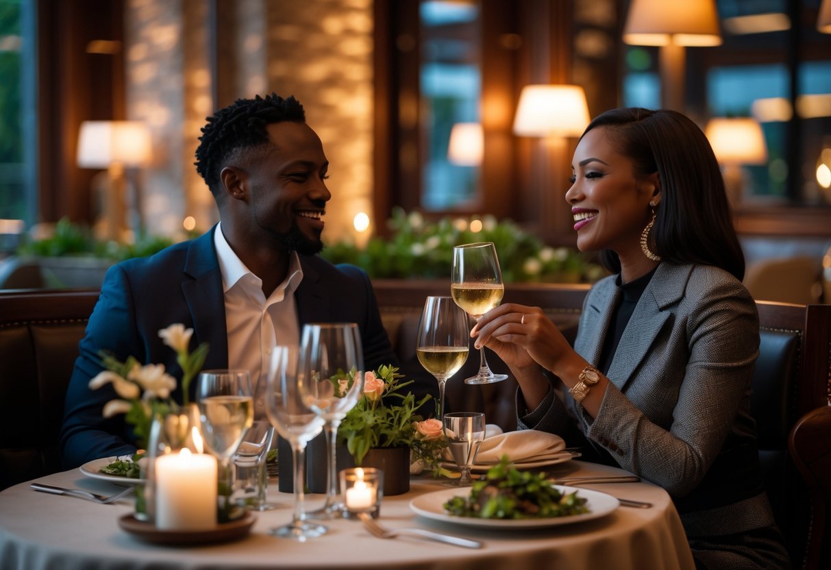 A couple enjoying a romantic dinner at an upscale restaurant with warm lighting and elegant table settings.