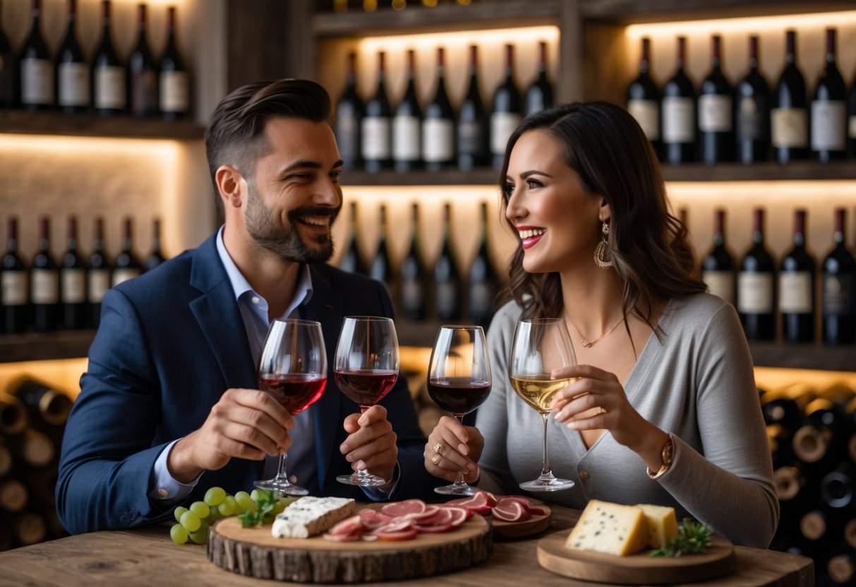 A couple enjoying wine tasting together at a cozy wine cellar with wine glasses and cheese plates on the table.