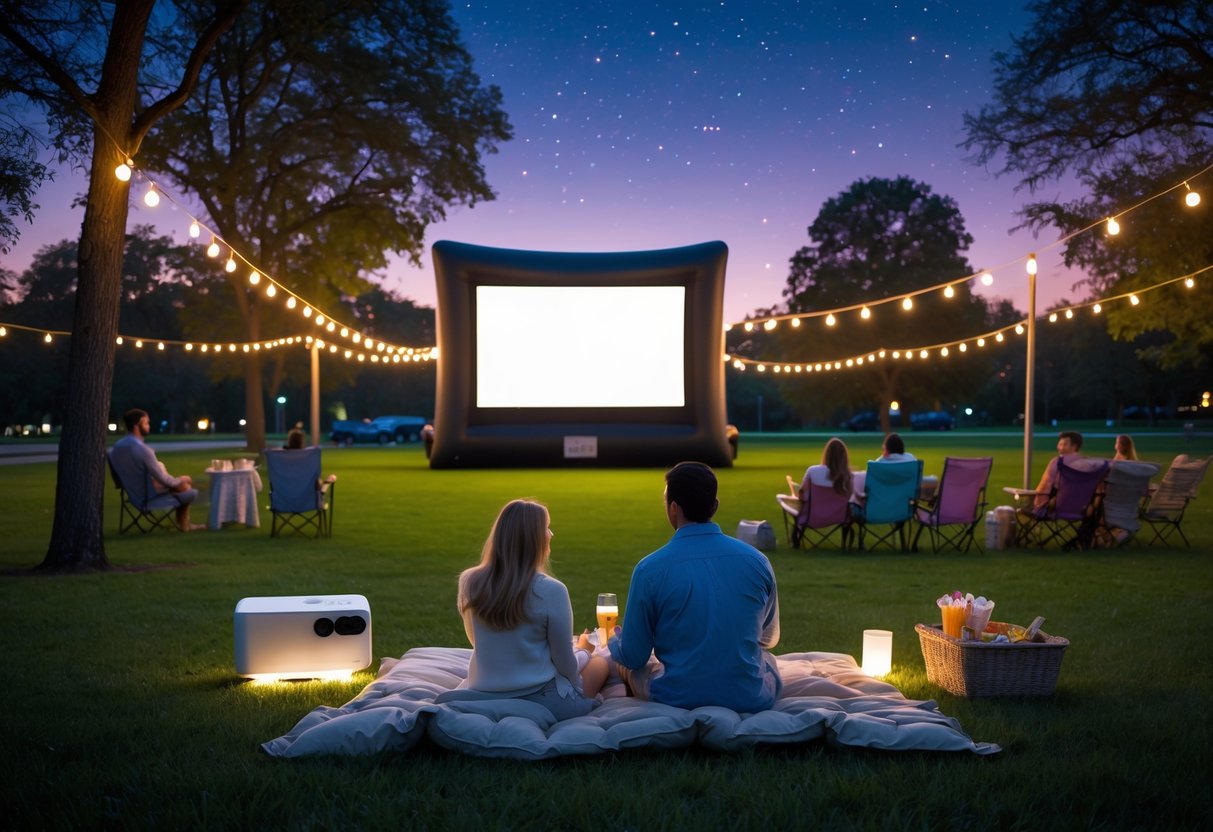 Couple enjoying an outdoor movie night on a picnic blanket at Central Green Park with a large screen and string lights in the evening.