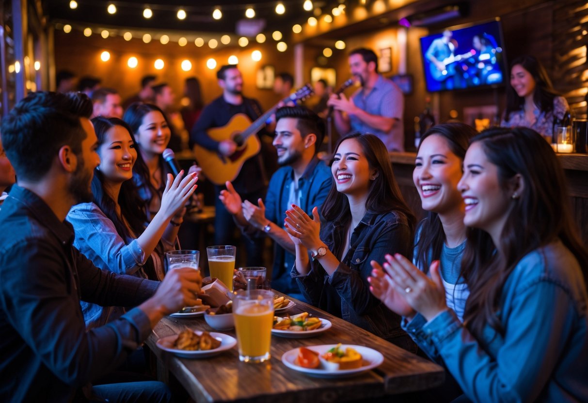 People enjoying live music at a cozy bar with a band playing on stage and patrons seated at tables.