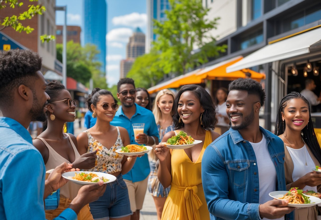 A group of young adults enjoying a food tour on a sunny street in Midtown Atlanta, tasting food and socializing.