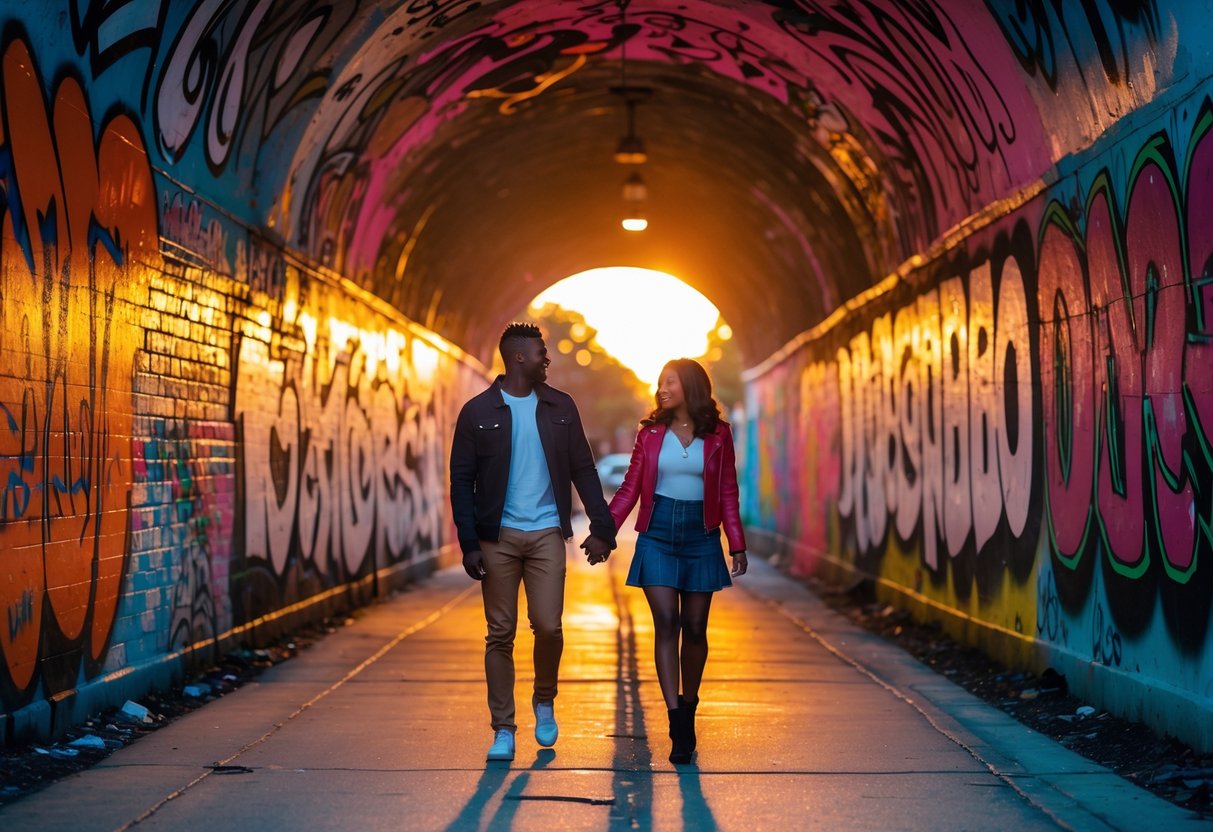 A young couple walking hand-in-hand through a graffiti-covered tunnel at sunset.