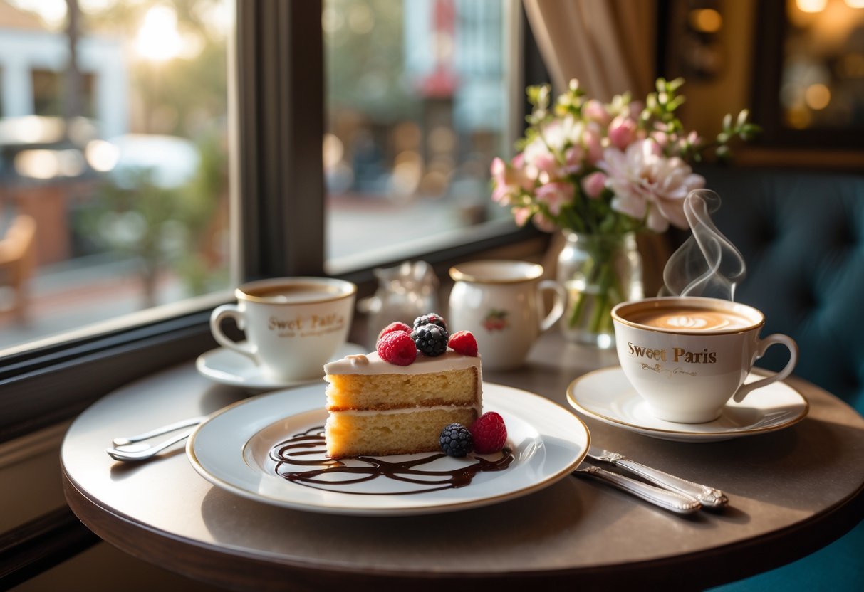 A table at a café with a cup of coffee and a dessert plate with cake and berries.